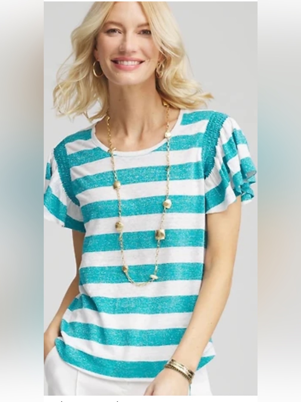 Chicos Metallic Striped Flutter-Sleeve Linen Top in Aqua and White SZ 2/L